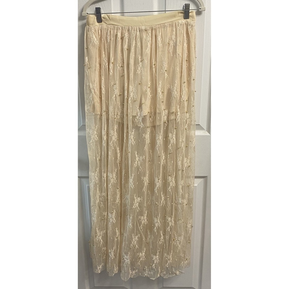 Hayden Los Angeles Women's Sheer Lace&Pearl Maxi Skirt W/Slit&Shorts Ivory NWT.M